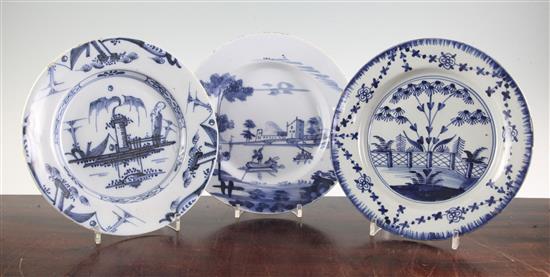 Three English delft ware plates, c.1760-70, diameter 23cm